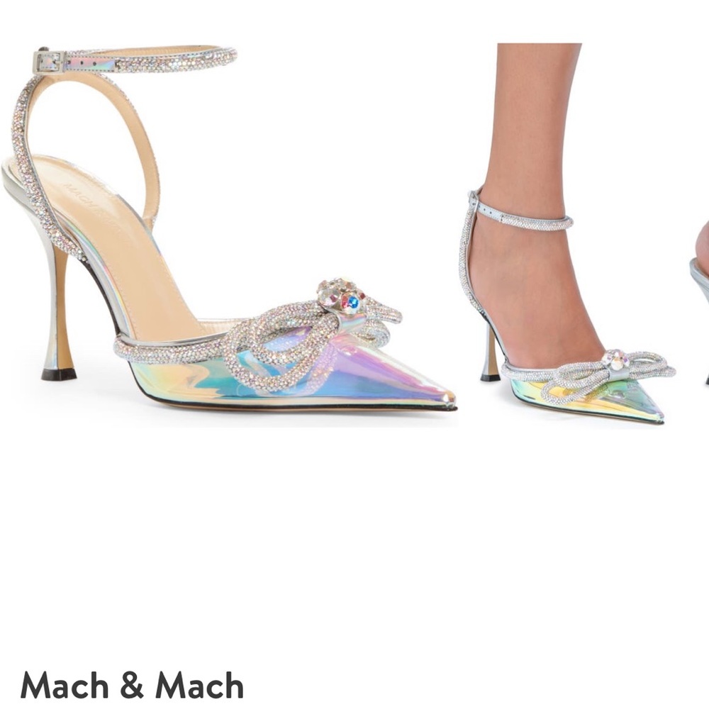 Mach & Mach Victoria Double Bow Pointed Toe Pump in holographic metallic color